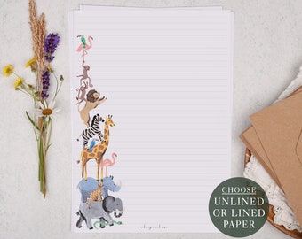 A4 Children's Letter Writing Paper Sheets | Cute Safari Zoo Animals, Kids Design | Lined or Unlined Paper | Letter Set Stationery Gift