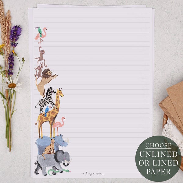 A4 Children's Letter Writing Paper Sheets | Cute Safari Zoo Animals, Kids Design | Lined or Unlined Paper | Letter Set Stationery Gift