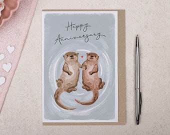 Tarjeta de aniversario de nutria: nutrias tomadas de la mano para esposo o esposa