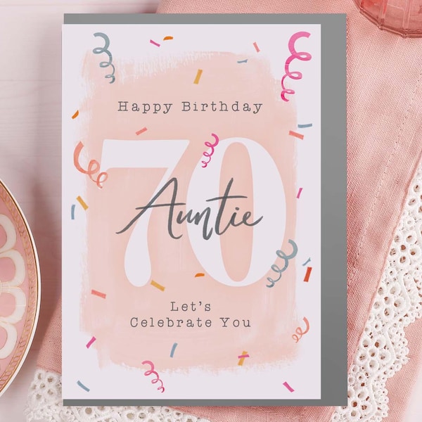 70th Birthday Card For Auntie - Pink Confetti Celebration