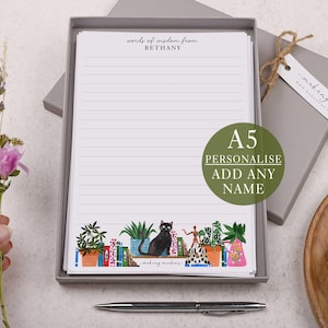 A5 Personalised Letter Writing Paper Box With Cat & Book- Lined or Unlined Stationery Set