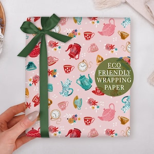 Birthday Wrapping Paper With Pink Tea Pots - Luxury Gift Wrap, Folded