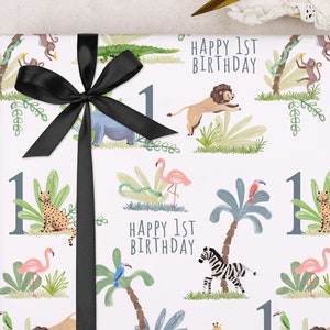 1st Birthday Wrapping Paper for One Year Old Child | White Children's Gift Wrap | Cute Safari Zoo Jungle Animal Design | FOLDED Sheet Wrap