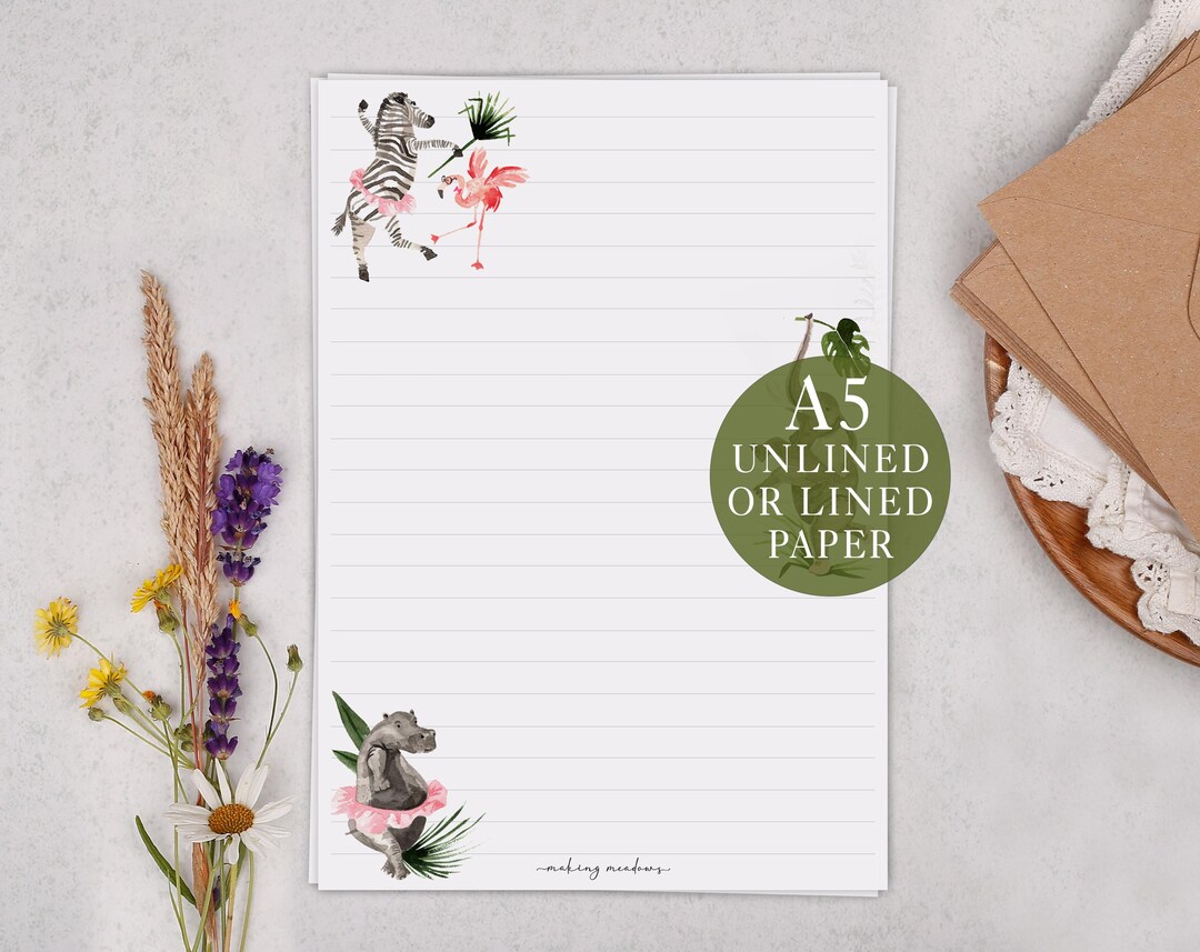 A5 Letter Writing Paper With Safari Animal - Lined or Unlined ...