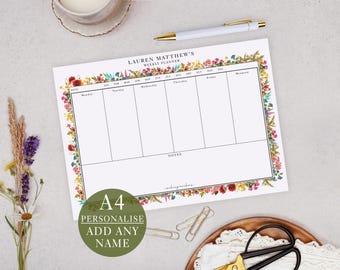 Personalised Weekly Planner Pad With Wild Floral Design - Office Desk & List Planning (A4 Size)