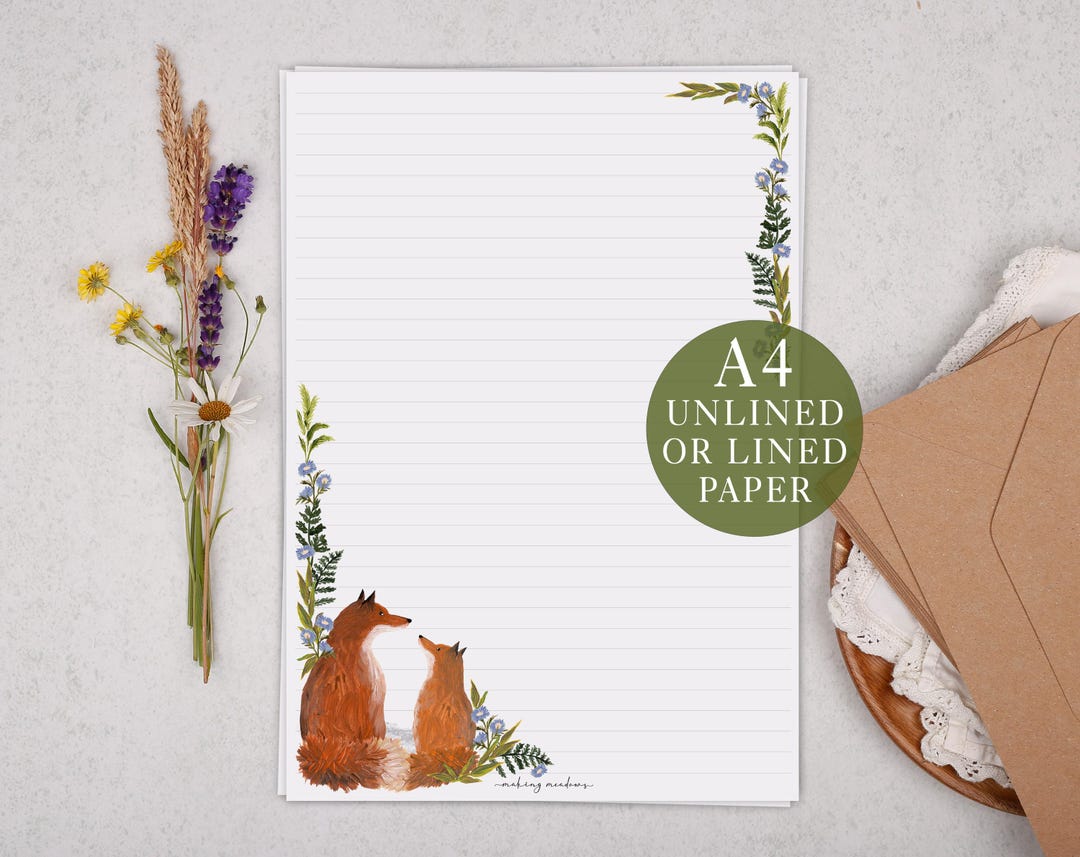 A4 Letter Writing Paper With Botanical Fox - Lined or Unlined ...