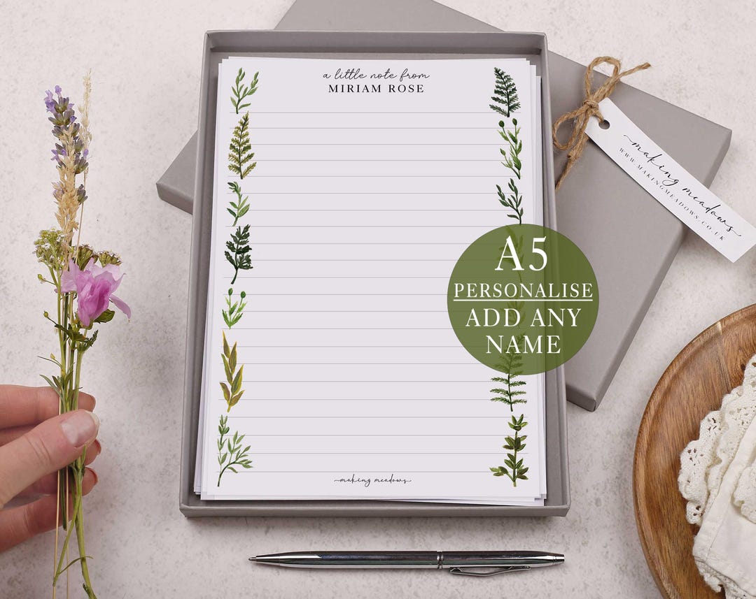A5 Personalised Letter Writing Paper Box With Botanical Foliage - Lined ...