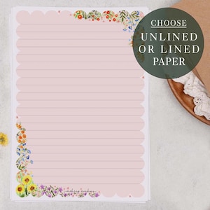 A5 Letter Writing Paper Sheets | Floral Pink Scalloped Edge Flower Border | Lined or Unlined Paper | Stationery Gift or Thoughtful Present