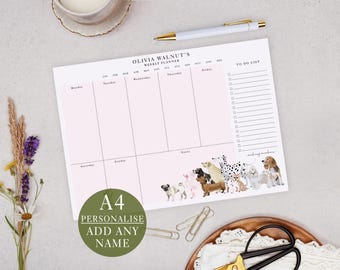 Personalised Weekly Planner Pad With Pink Dog Design - Office Desk & List Planning (A4 Size)