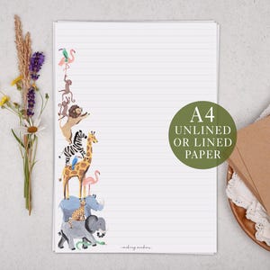 A4 Letter Writing Paper With Children's Safari Animals - Lined or Unlined Stationery Set