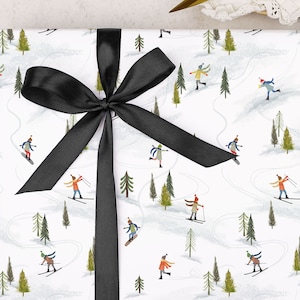 Christmas Wrapping Paper | Ski Slope Gift Wrap, Xmas Snow Boarding & Skiing | FOLDED single sheet wrap in a matt finish, optional ribbon