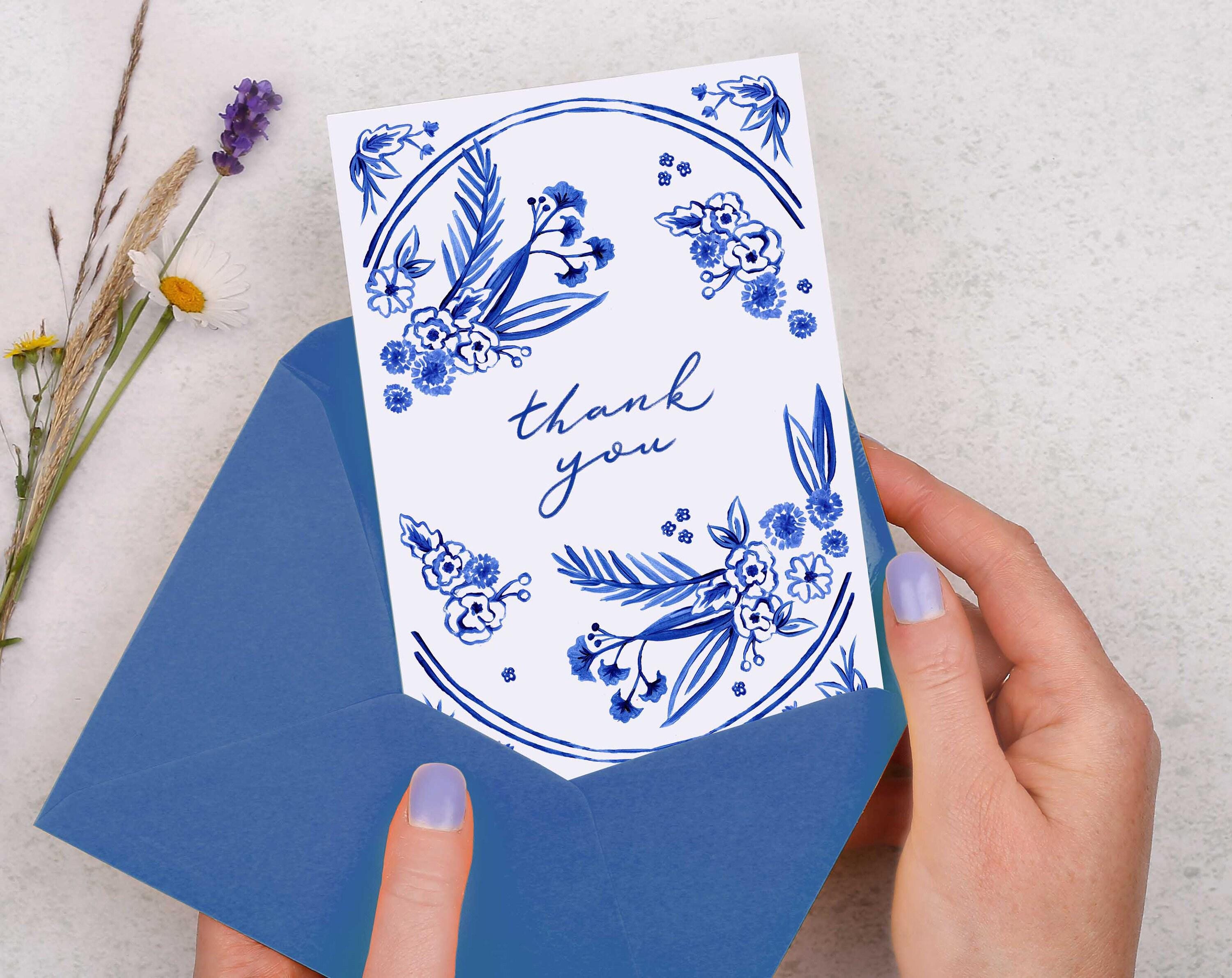 Floral Thank You Card - Blue Flowers Watercolour Design - Etsy