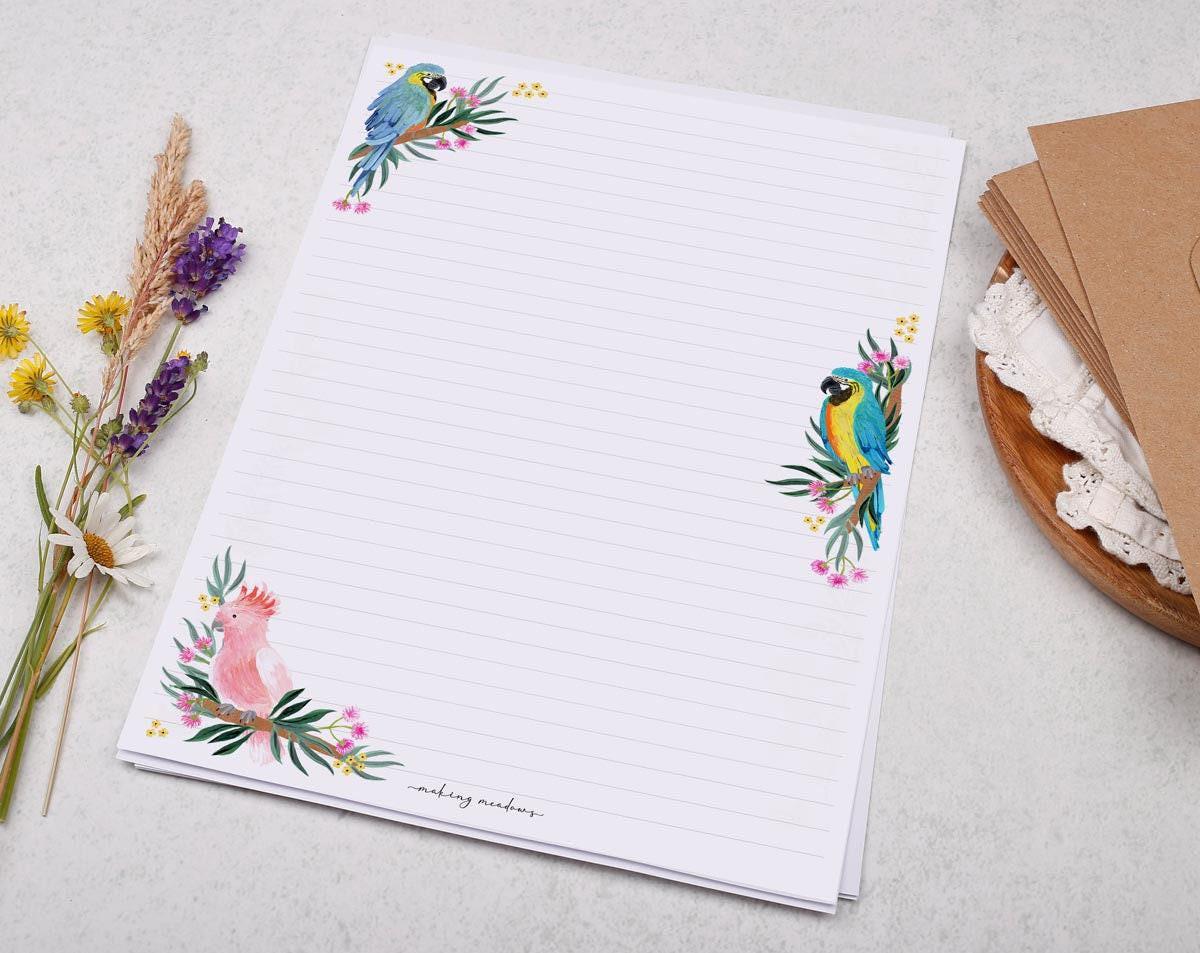 A4 Letter Writing Paper With Parrot Birds - Lined or Unlined Stationery ...