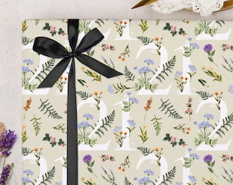 Papier cadeau floral 21e anniversaire | Cadeau Milestone, fleur verte 21 | Papier d'emballage PLIÉ au fini mat avec ruban en option