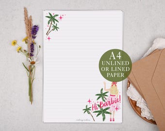 A4 Letter Writing Paper With Barbie - Lined or Unlined Stationery Set