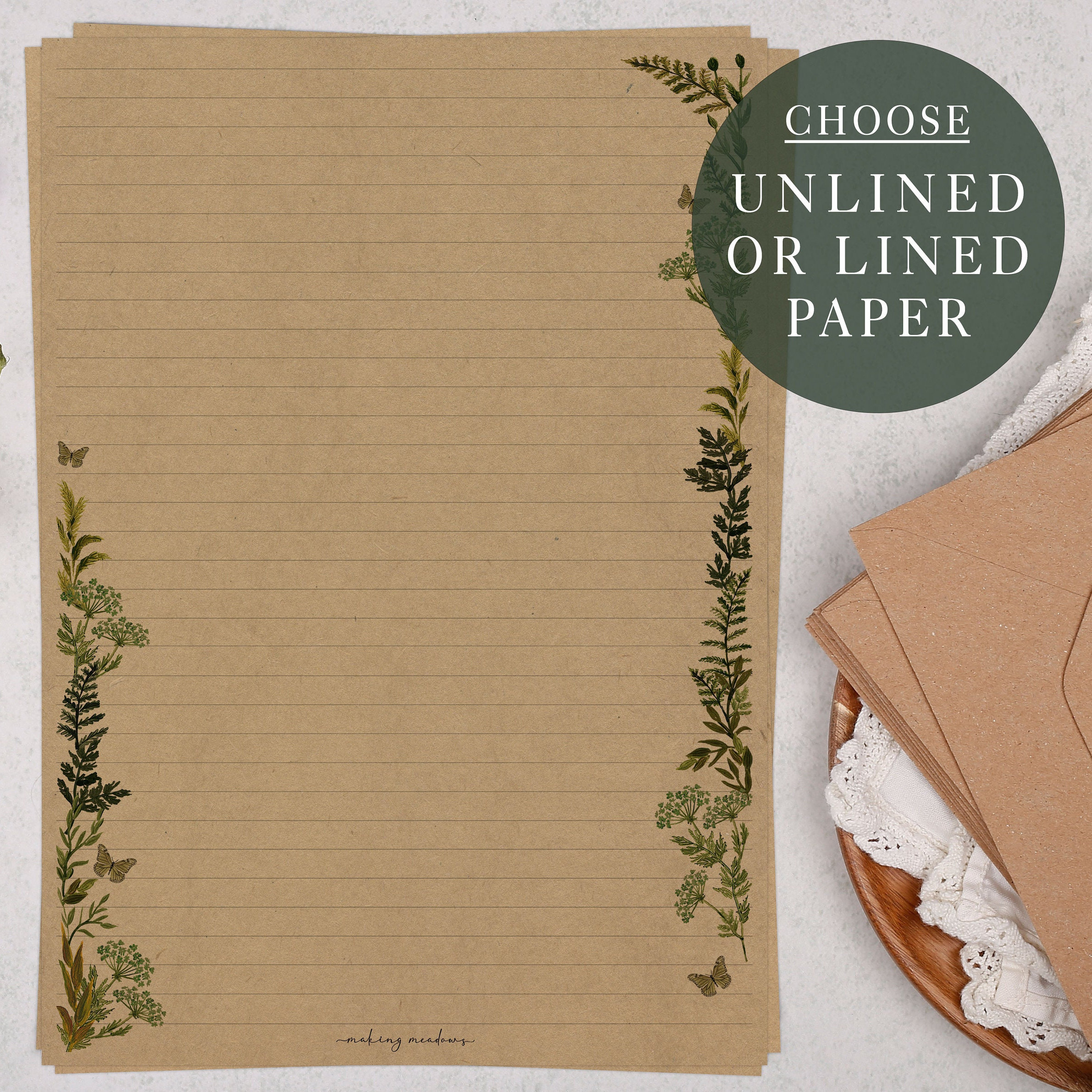 A4 Kraft Letter Writing Paper Sheets | Botanical Foliage Garden Border |  Lined or Unlined Paper | Stationery Gift or Thoughtful Present