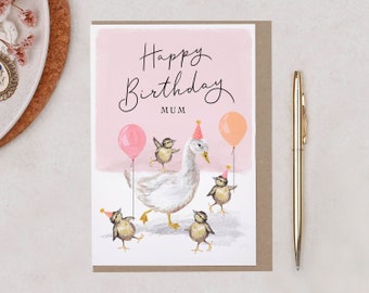 Mum Birthday Card for Her, Duck, Goose Party Happy Birthday Card For Mother, Bird Birthday Card, Mummy Pink Birthday Greeting Card