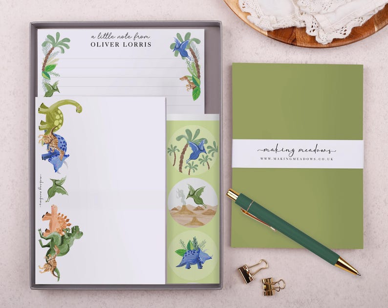 Childrens Stationery Set Gift with Personalised Stationery with Dinosaur Design