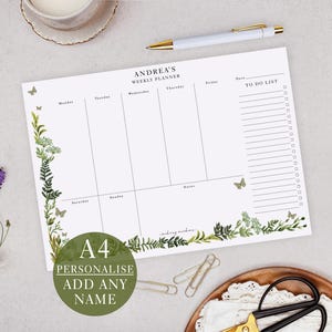 Personalised Weekly Planner Pad With Botanical Greenery Design - Office Desk & List Planning (A4 Size)