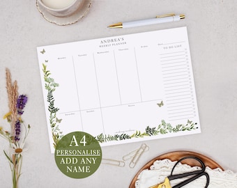 Personalised Weekly Planner Pad With Botanical Greenery Design - Office Desk & List Planning (A4 Size)