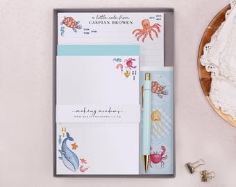 Children's Stationery Set Box with Personalised Letter Writing Paper in Under The Sea Design