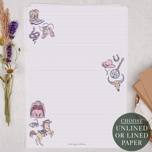 A4 Letter Writing Paper Sheets | Wild West Cowgirl County & Western Banjo Design | Lined or Unlined Paper | Stationery Writer Gift Set