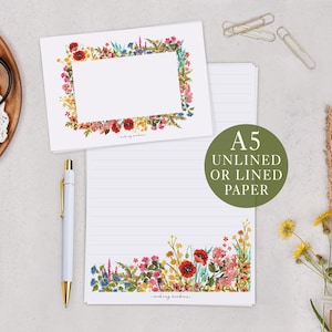 A5 Letter Writing Paper & Matching Envelopes In Floral Flower - Lined or Unlined Stationery Set
