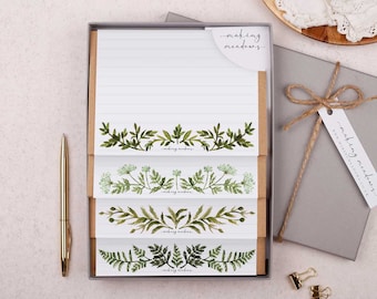 Letter Writing Set with envelopes - Gift Box or Flat Pack options - 32 writing paper sheets & 16 envelopes in a botanical leaf design