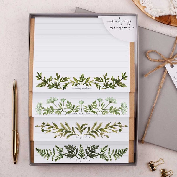 Letter Writing Set with envelopes - Gift Box or Flat Pack options - 32 writing paper sheets & 16 envelopes in a botanical leaf design