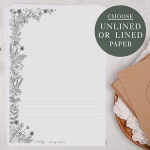 A4 Letter Writing Paper Sheets | Floral monochrome flowers Letter Paper | Lined or Unlined Paper | Stationery Gift or Thoughtful Present