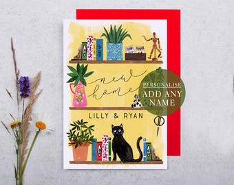 Personalised New Home Card - Book, Cat & Houseplant Design