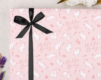 Pink Baby Shower Wrapping Paper With Bunny Rabbits | Cute Hello Baby Girl Gift Wrap | New Born Baby Design in FOLDED Sheet Wrap