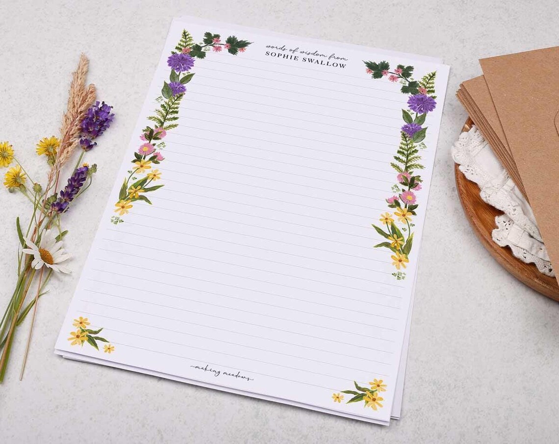A4 Personalised Letter Writing Paper With Wild Meadow Flowers - Lined ...