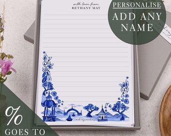 A5 Personalised Letter Writing Paper | Gift Box Set | Blue Oriental Landscape Design | Customise With Any Name | % Goes To Charity