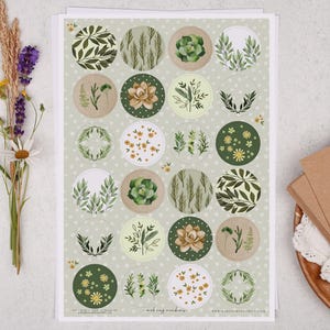 Green Botanical Sticker Sheet - Stationery For Envelope Seals, Letter Writing or Wedding Crafting