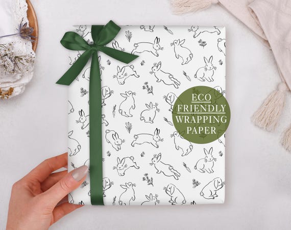 Easter Wrapping Paper With White Rabbit Design - Luxury Gift Wrap, Folded