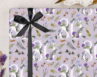 80th Birthday Wrapping Paper Floral | Purple Flower 80 Milestone Gift Wrap | FOLDED single sheet wrap in a matt finish with optional ribbon