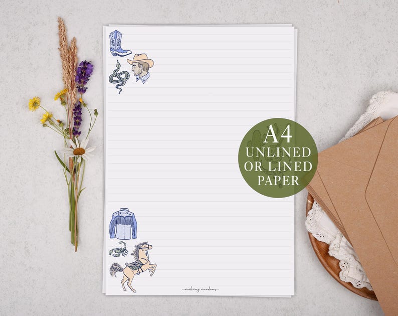 A4 Letter Writing Paper With Blue Wild West Cowboy - Lined or Unlined ...