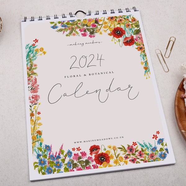 2024 Calendar Floral and Botanical | A4 Wall Calendar | Family Planner for hanging | 12 months of Flowers, 2024 Gardening Calendar Present