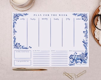 Weekly Planner Pad - Floral A4 Desk Work Planner Pad - Tiger Weekly Notepad with To Do List - Daily Planner Pad -  New Job Stationery Gift