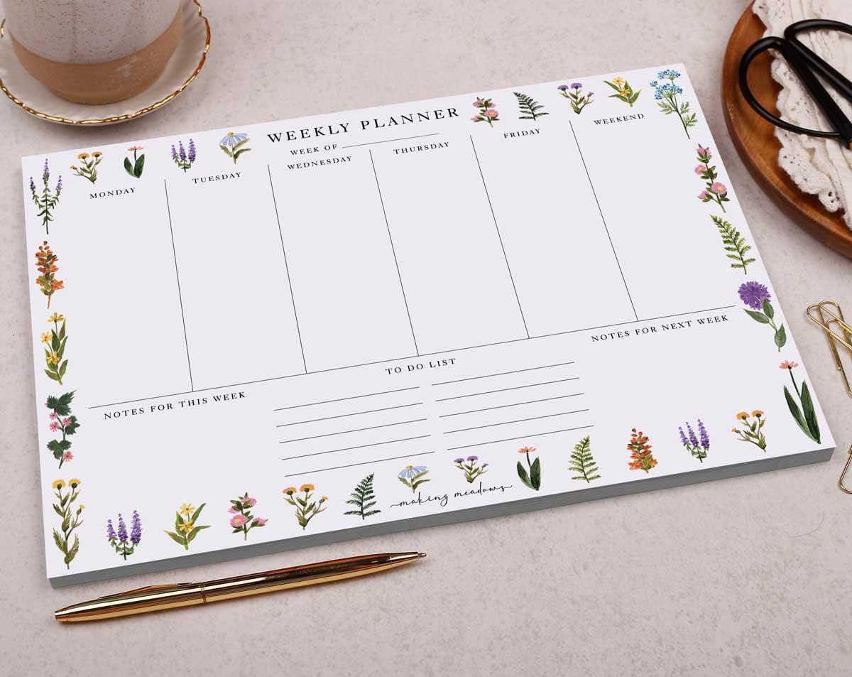 Weekly Planner Pad With White Floral Design - Office Desk Scheduling ...