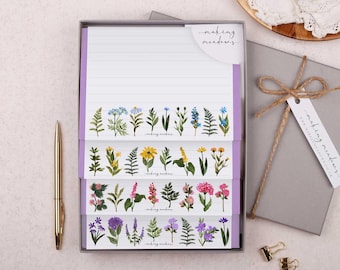 Papel para escribir cartas A5 con diseño de flores silvestres, sobres morados - Juego de papelería con o sin forro