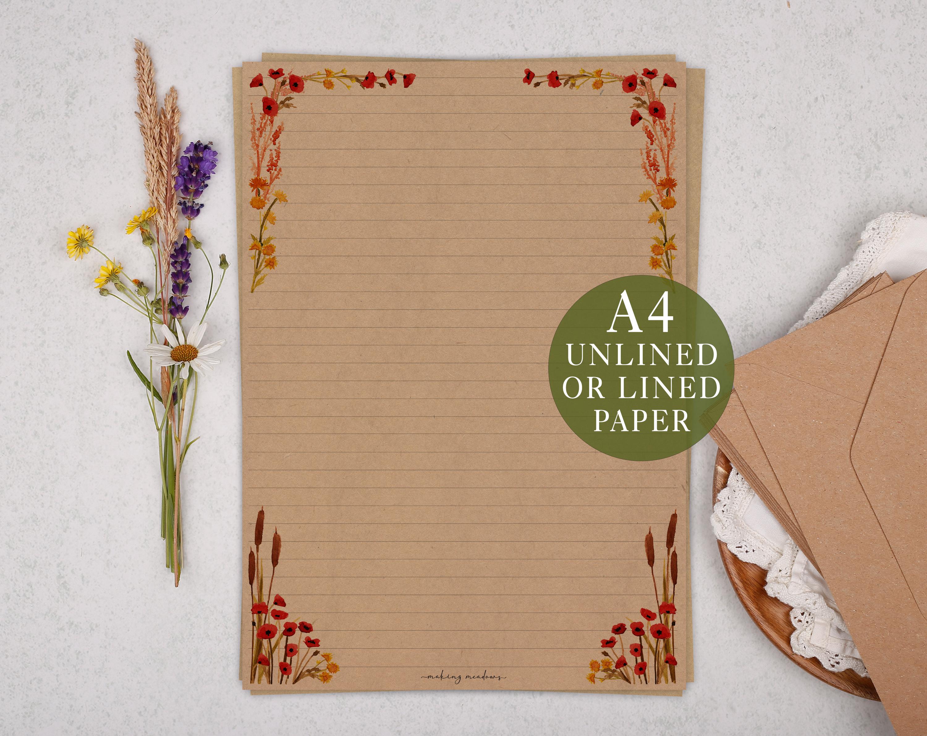 A4 Kraft Letter Writing Paper With Poppy Flowers - Lined or Unlined ...