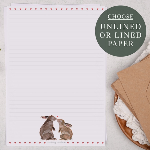 A4 Letter Writing Paper Sheets | Cute Rabbits and Ditsy Hearts Border | Lined or Unlined Paper | Stationery Gift or Thoughtful Present