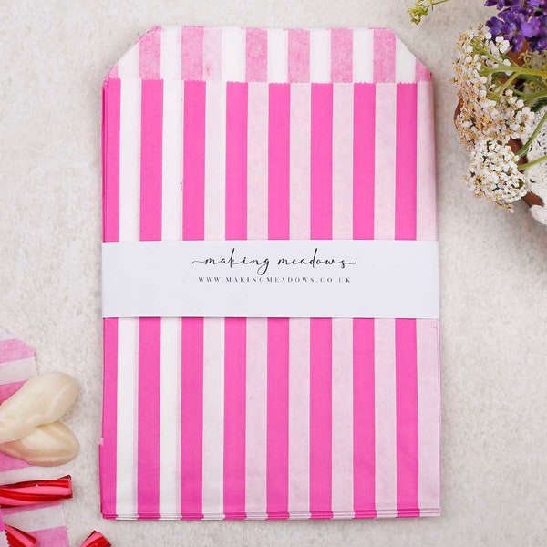 Pack Of Pink Candy Stripe Paper Treat Bags | Wedding Sweet Bags or Party Pick & Mix Goody Bags | Colourful Striped Paper Party Bags