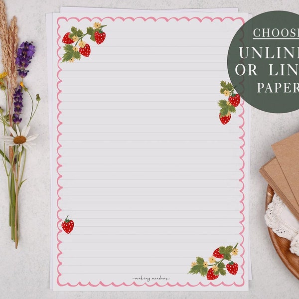 fancy writing paper printable A4 Letter Writing Paper Sheets | French Strawberries with Scalloped edge | Lined or Unlined Paper | Stationery Gift or Thoughtful Present