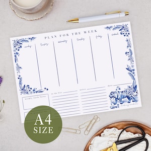 Weekly Planner Pad With Blue Tiger Design - Office Desk Scheduling & List Planning (A4 Size)