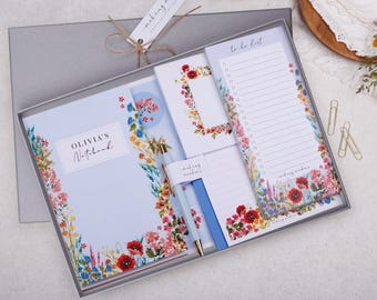 Personalised Blue Floral Stationery Gift Box - Notebook, To Do List Pad, Envelopes, Pen & Stickers