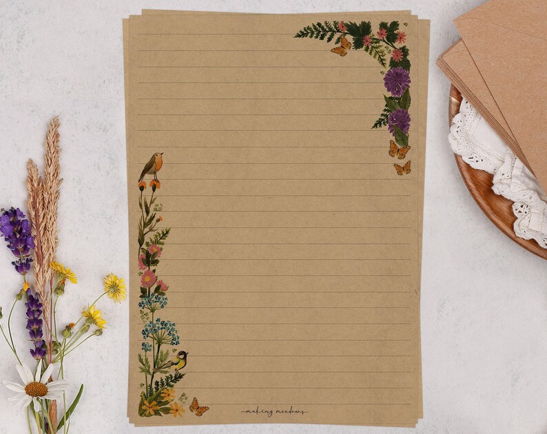 A5 Kraft Letter Writing Paper With Meadow Flowers - Lined or Unlined ...