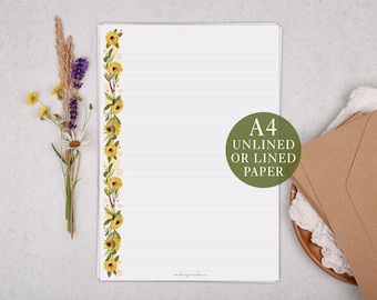 A4 Letter Writing Paper With Yellow Sunflowers - Lined or Unlined Stationery Set